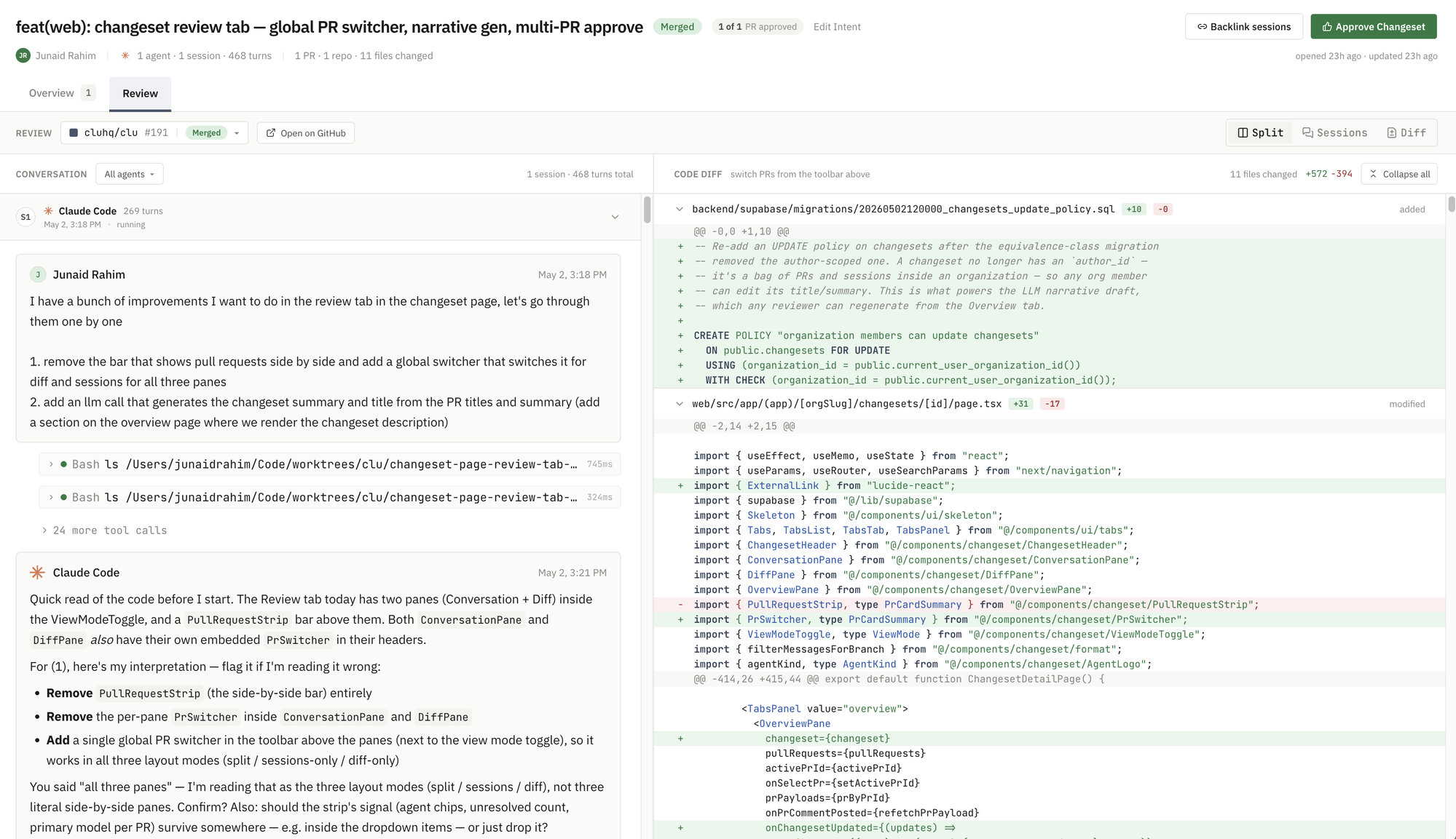 A clu changeset open in Review — Conversation pane on the left with the agent session, code diff on the right, with PR controls and an Approve Changeset CTA.
